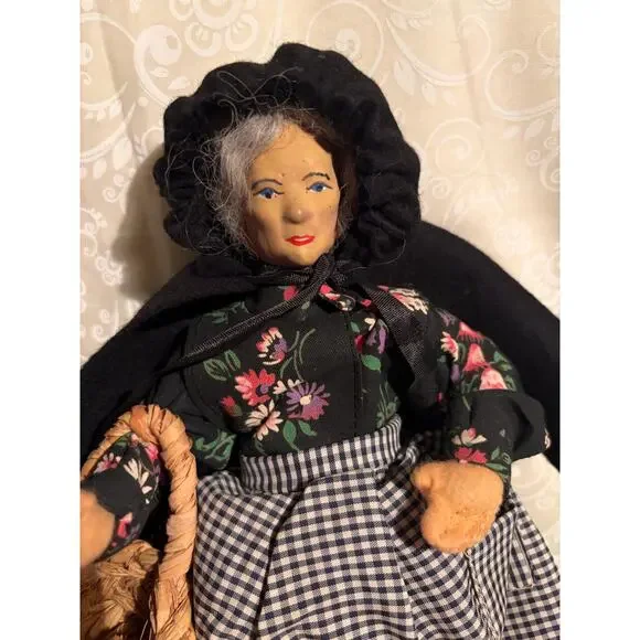 Vintage Handmade Folk Art Doll with Woven Basket - Picture 2 of 8
